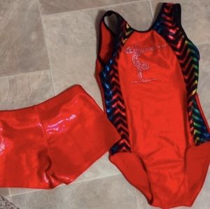 Gymnastic dance leotard metallic red with matching shorts intermediate.vgc